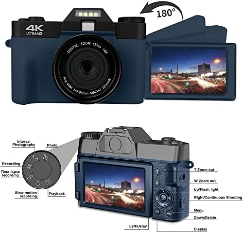 Снимането с цифров фотоапарат eDealz 4K 48MP с 3-инчов конвертируеми екран на 180 °, Wi-Fi, 16-Кратно увеличение, Акумулаторна