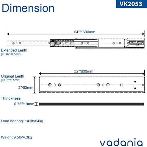 Чекмеджета VADANIA 32 Soft Close, за тежки условия на работа, VK2053, Товароносимост до 265 паунда, 3-кратно пълно