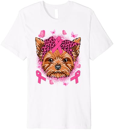 Тениска Премиум-клас За момичета с Куче йоркширски Териери и Розова Панделка, Информираността за рака на