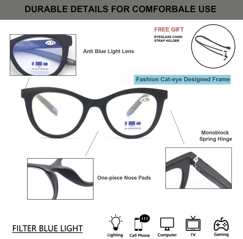 UNTAMID 3 Опаковки Очила за четене с блокиране на синя светлина за жените, Дизайнерски Рамки за Котешки Очи, Женски