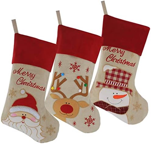 Комплект коледни Чорапи DEJU от 3 теми, Дядо коледа, Снежен човек и Северен Елен, Класически Празнична украса 17 инча