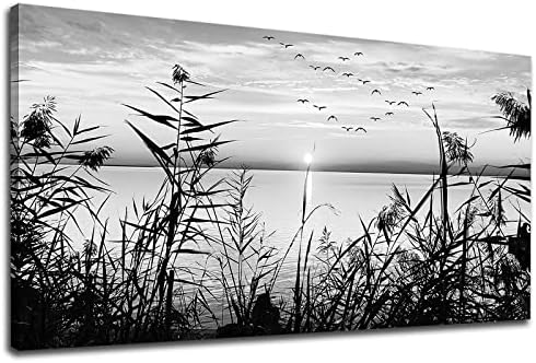 LUEAXRG Езерото Залез монтаж на стена Арт Декор Спални Черно-Бяла Природа Картини Върху Платно Ботанически Тръстика Птици Печат