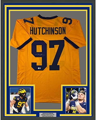 В рамка С автограф /подпис Эйдан Hutchinson 33x42 Жълтата Фланелка на Футболен колеж в Мичиган Бекет БАС COA