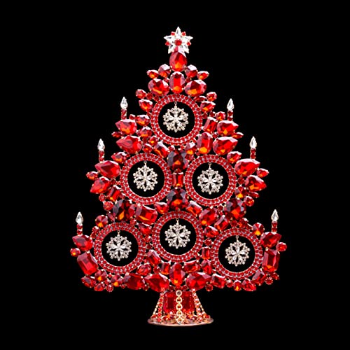 Червена коледна елха с прозрачни снежинками, Настолна коледна елха, изработена ръчно с използването на кристали