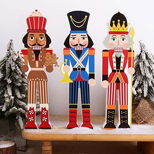 Украса за маса във формата на Коледните Щелкунчика Treory, 3 бр. Дървени Фигурки на Коледните Щелкунчика, Дървена Табела за