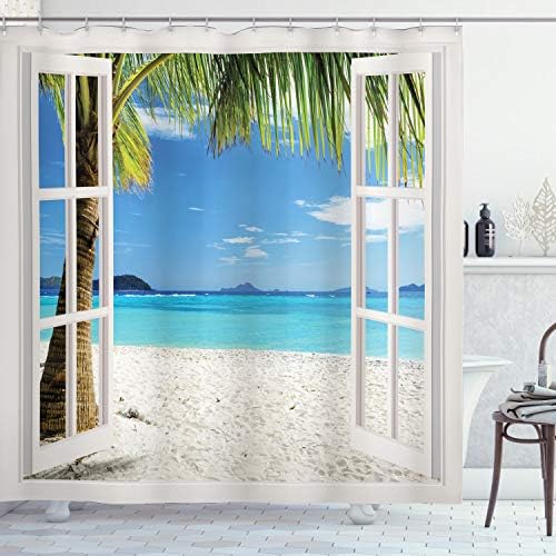 Ambesonne Бяла Завеса за душ на Плажа Къща Тропически Палми на остров в Океана През Бели Дървени прозорци Комплект от