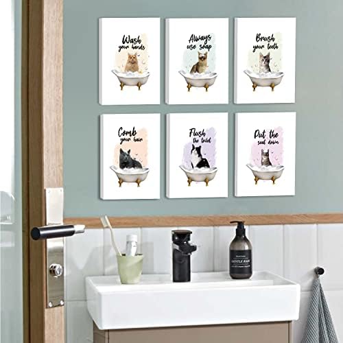 Стенно изкуство KAIRNE със забавна котка в банята, Боядисване с черна котка, Комплект плакати с котка във ваната (8 X 10, в