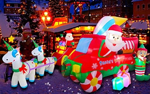 SEASONBLOW 9-Крак Коледен Надуваем Дядо Коледа с Шейна с 2 Еднорози + 9-Футовое Надувное Украса Коледен Камион за Сладолед
