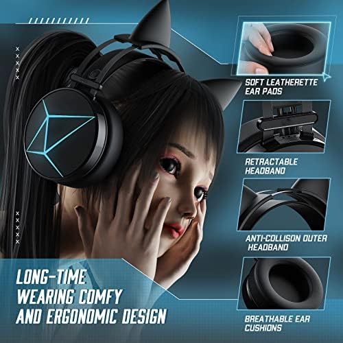 Детска слушалки за КОМПЮТЪР, Слушалки Xbox One с подвижни слушалки с кошачьими уши, Слушалки PS5 с микрофон с шумопотискане,