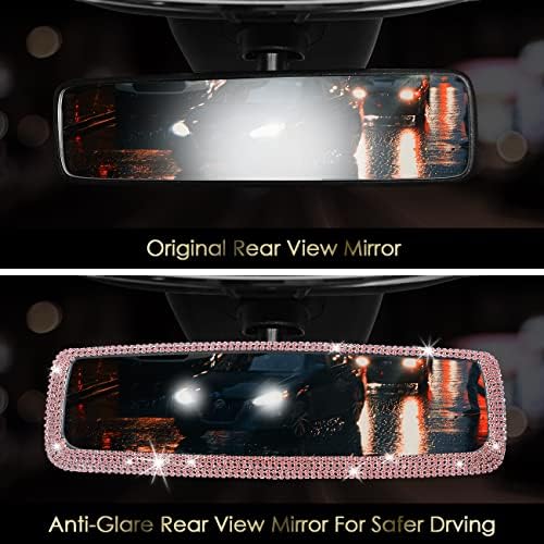 Шик Розови автоаксесоари за жени, Блестящо Вътрешно Огледало за обратно виждане С кристали, Пенливи широкоугольное