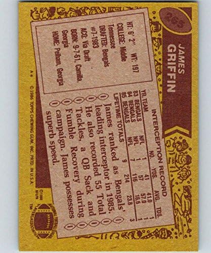 1986 Topps Football 265 Джеймс Грифин Синсинати Bengals Официалната търговска картичка NFL (Използва се снимка с източване