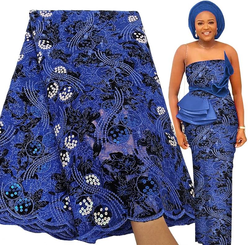 Bestway Африканска Лейси кърпа 5 ярда, Кадифе с лазерно рязане, Модни Бродерия с пайети, Френска Лейси Плат в нигерия сватба стил, материал (5 ярда, кралско синьо)