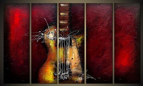 Wieco Art Guitar Passion Много Големи Модерни 5 Панели, Ръчно Рисувани, Съвременна Музика, Картини с маслени Бои