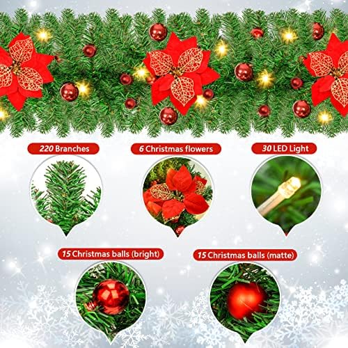 Коледна Гирлянда Coisien дължина от 8,8 метра, с Осветление, Цветя и Топки, Изкуствена Коледна Борова Венец за Коледна украса