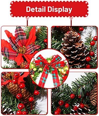 Коледни Венци от коледна звезда за входната врата DDHS 24 с Голям Коледен Венец с Подсветка Червена Карирани Лък, Коледни