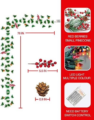 Коледна Гирлянда със задно Осветен 6,8 Метра 20 Светодиоди червени Плодове Борова Шишарка Струнни Светлини работещи На Батерии