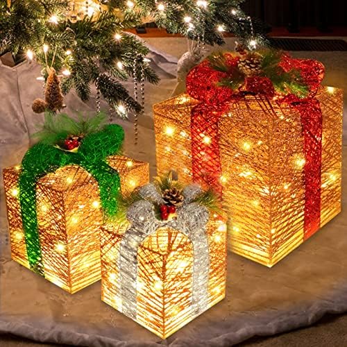 [Супер големи 12 -10-8] 3 опаковане на Коледни подаръци кутии с 60 led подсветками, Декор, за Включване в кутия със златни пайети, Борови иглички, шишарки, Коледна Украса, Въ