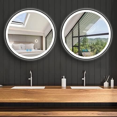 DIDIDADA 20-Инчов Черно Led Кръгло Огледало за баня с Осветление в Черна Рамка, Тоалетен Огледало с Осветление