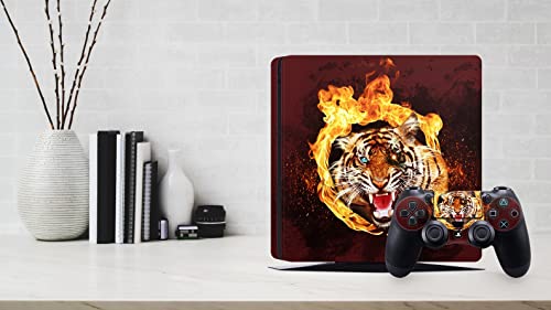 ZOOMHITSKINS Скинове конзола PS4 и контролер, Safari Zoo Fire Red Flames Тигър King Animal Опасен Звяр, Трайни, без мехурчета