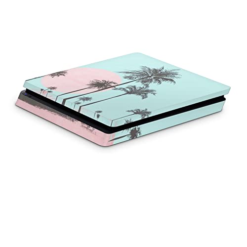 ZOOMHITSKINS PS4 Тънка кожа, която е съвместима с Playstation 4 Тънка, Тропически Пастельно-синята Розова Длан Лятна