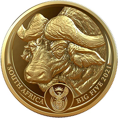 2021 DE Голяма Петица Африка PowerCoin Buffalo големите Пет 1 Унция Златна монета от 50 Ранда Южна Африка 2021 Доказателство