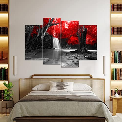 Черно-Бял и Червен Водопад, Стенно Изкуство, 4 предмета, Червено Дърво в гората, Боядисване с Природата,
