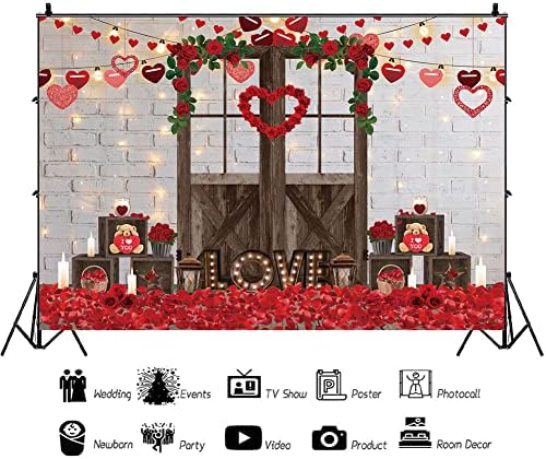 Hilioens 7 × 5 метра, С Деня на Свети Валентин Снимки Декори Тухлена Стена Дървена Врата Червена Роза Любовта Сърцето на