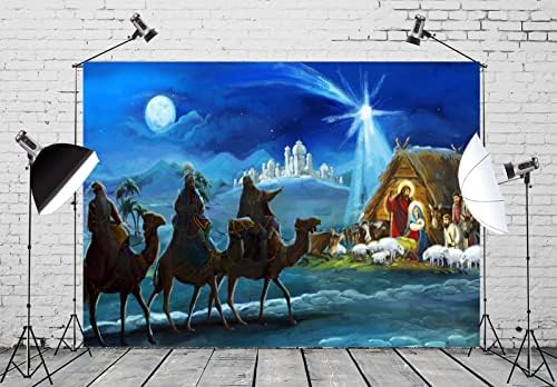 Плат BELECO 8x6 фута, на Фона на Коледната сцена, Коледна нощ, Звездната светлина, Светото Семейство и Три крал, Ясла в