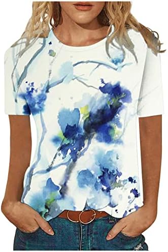 Дамски Памучен Тениска с Кръгло Деколте и Цветен Печат, Цветен Графичен Риза за Дами, Лято, Есен, OD, OD