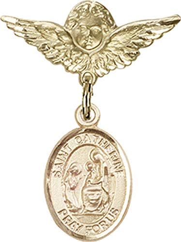 Детски икона Jewels Мания за талисман на Св. Екатерина Сиенской и пин Ангел с крила | Детски иконата със златен пълнеж