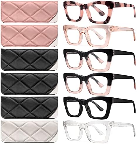 CCVOO 6 Опаковки Очила за четене в стила на Опра за Жени, Квадратни Сини, Блокер Светлина, с Пружинным тръба