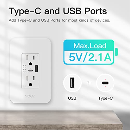 Стенни изход MOES Smart USB със зарядно устройство Type-C Type-A, вградена в стената изход Wi-Fi На 2,4 Ghz, Индивидуално