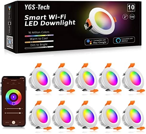 YGS-Tech Умен 2-инчов led-вградени лампа RGB WiFi Downlight, 5 Вата, съвместим с Alexa и Google Home, с регулируема