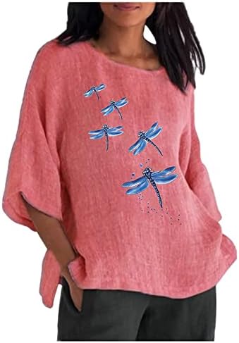 Летни Блузи с шарени Кончета 2023 с 3/4 ръкав, Ежедневни Свободна Блуза от памук и лен, с кръгло деколте