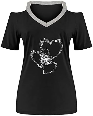 Лятна Есенна Блуза-Тениска за Момичета с Къс Ръкав и Отворени Рамене, Памучен Тениска с V-образно деколте и Графичен Дизайн