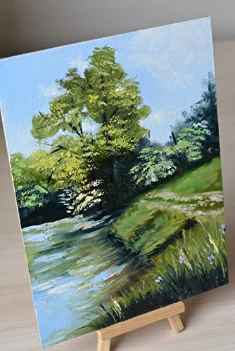 Оригиналната Пейзаж живопис с маслени бои /Дървета/Езера/Билки/Летен пейзаж/Фигура в лентата от гессоборда 7 x 9,4 (18 cm x