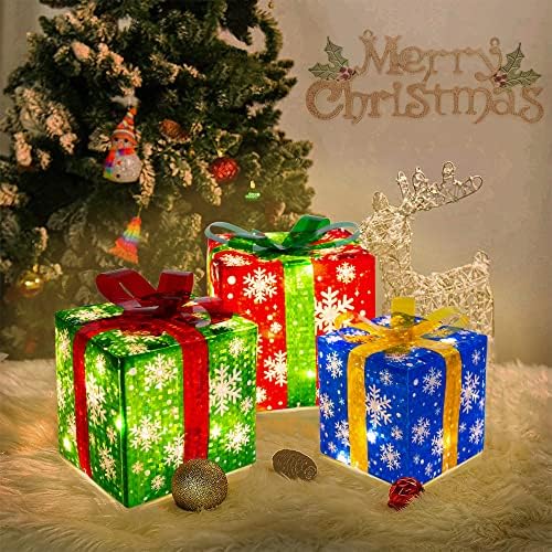 SU2SON Коледни Подаръчни Кутии, с Осветление За Външни Накити, Комплект от 3 Топли Бели Светещи Снежинки с 60 светодиода,