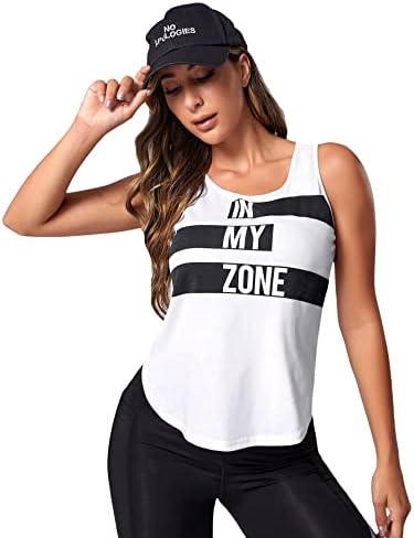 Cozyease Жена Топ с Цветен Блок и Графичен дизайн с Извито Подолом, Спортна Тениска Без ръкави