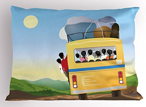 Калъфка за възглавница с анимационни модел Ambesonne, Жълт автобус, Пълен с пътници и багаж, Едущий Топло Пролетта