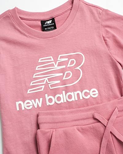 Комплект къси панталони за момичета New Balance - тениска с къс ръкав от 2 теми и френски хавлиени шорти (7-16)