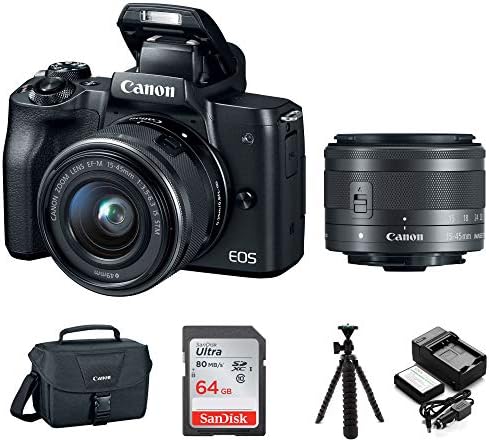 Беззеркальный цифров фотоапарат Canon EOS M50 15-45 мм (черен) с чанта за фотоапарат Canon EOS SD карта обем 64