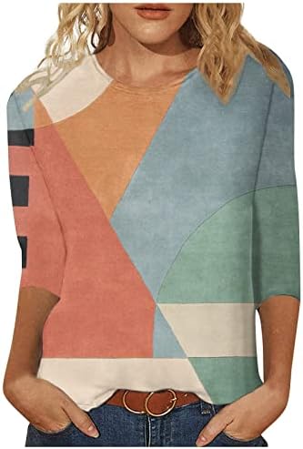 CGGMVCG Дамски Потници, Дамски тениски с ръкав Три Четвърти Геометричен Принт под формата на Цветни Блок, Модни Потници, Тениски