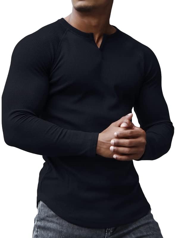 H HYFOL Мъжки Оборудвана Обикновен Пуловер с вафли и V Образно деколте и Дълги ръкави, Блузи