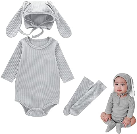 XIFAMNIY Бебе на Великден Бъни Облекло, Комбинезони Боди с 3D Кроличьими Уши Шапка за Новородено Бебе