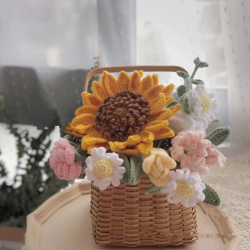 WSSBK Букет от Слънчогледи ръчно изработени Смесена Кошница на Готови цветя от вълна Креативен Подарък за