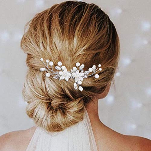 Сватбена гребен за коса Unsutuo Булка, сватбени аксесоари за коса със сребърно цвете, украса за коса с кристали