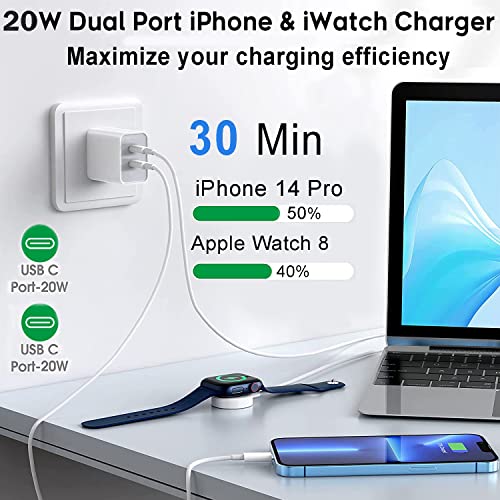 Бързо зарядно за Apple Watch и iPhone charger [Сертифициран от Apple Пфи] Зарядно устройство iWatch с два USB порта C
