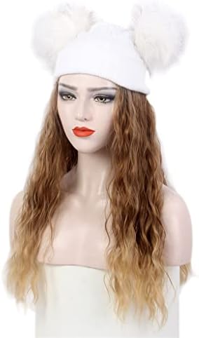 YFQHDD -Штучные коса и шапка Бяла вязаная шапка, перука зимна топла кафява царевичен топла шапка-перука