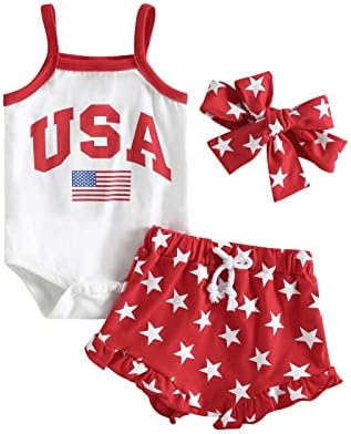 DuAnyozu/ Облекло на 4 юли за едно малко момиче с Флага на САЩ, Камизола, Гащеризони, Шорти със Звездите и рюшами,