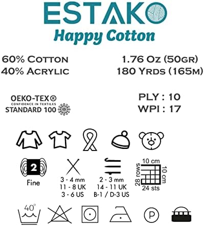 Estako Happy Памук, 60% Памук, 40% Акрилна прежда, Мека, тънка, Спортно (2) за плетене на една кука 1,76 унции